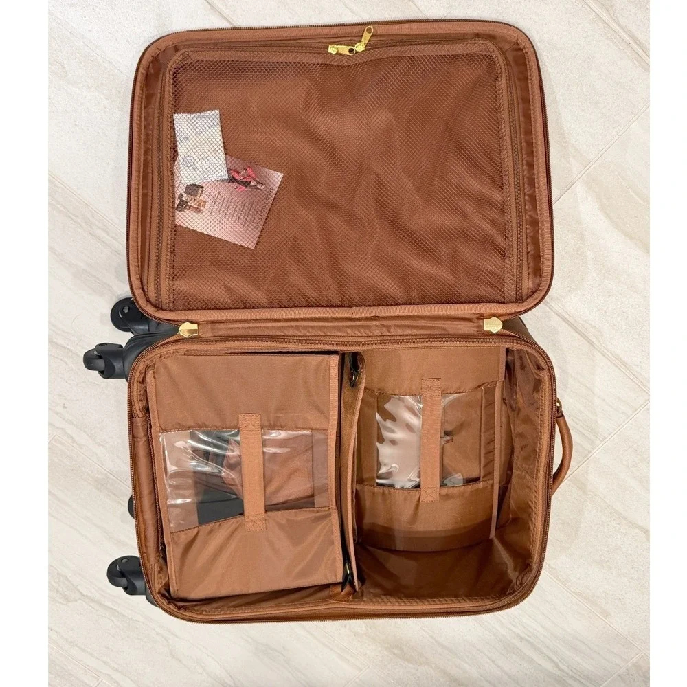 NWT Joy & Iman Cognac Brown Split Leather 4 Wheel Spinner Carry On Suitcase